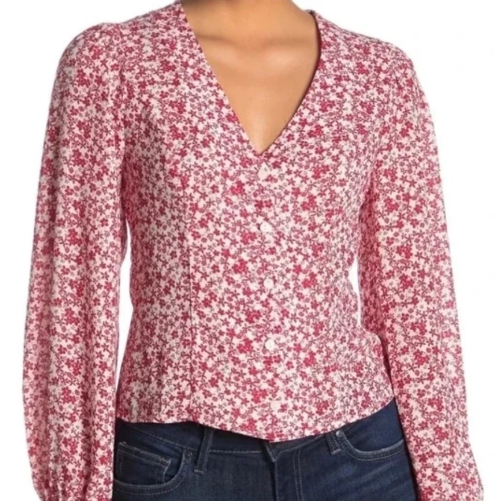 Lush Button-Up Floral Red Blouse